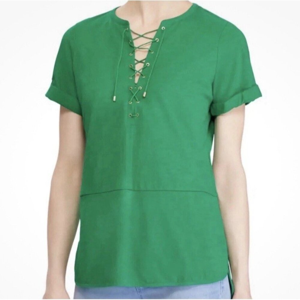 LAUREN Ralph LAUREN Shirt Womens Sz S Green Lace Up Cuff Sleeve Gold Short Slv